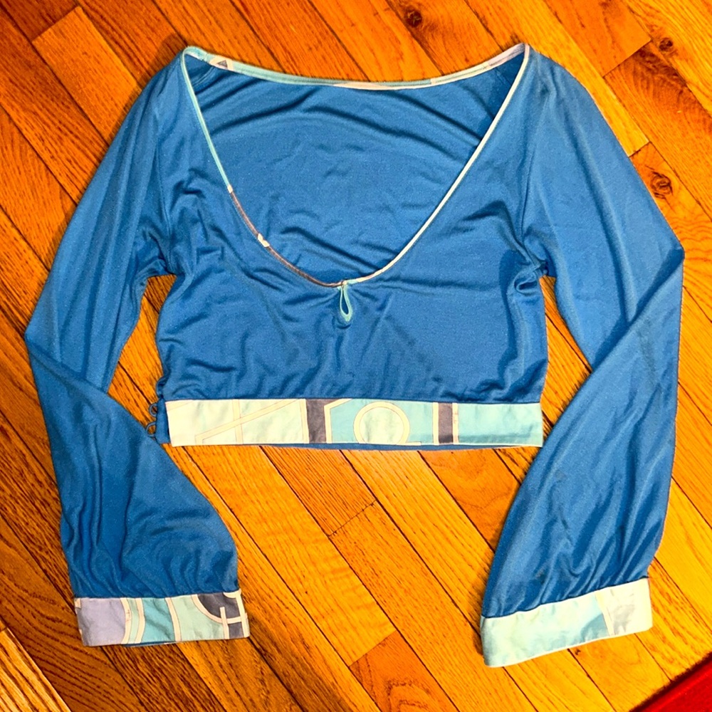 RARE EMILIO PUCCI Crop V-neck silk top with leatherette trim, sexy deep V front